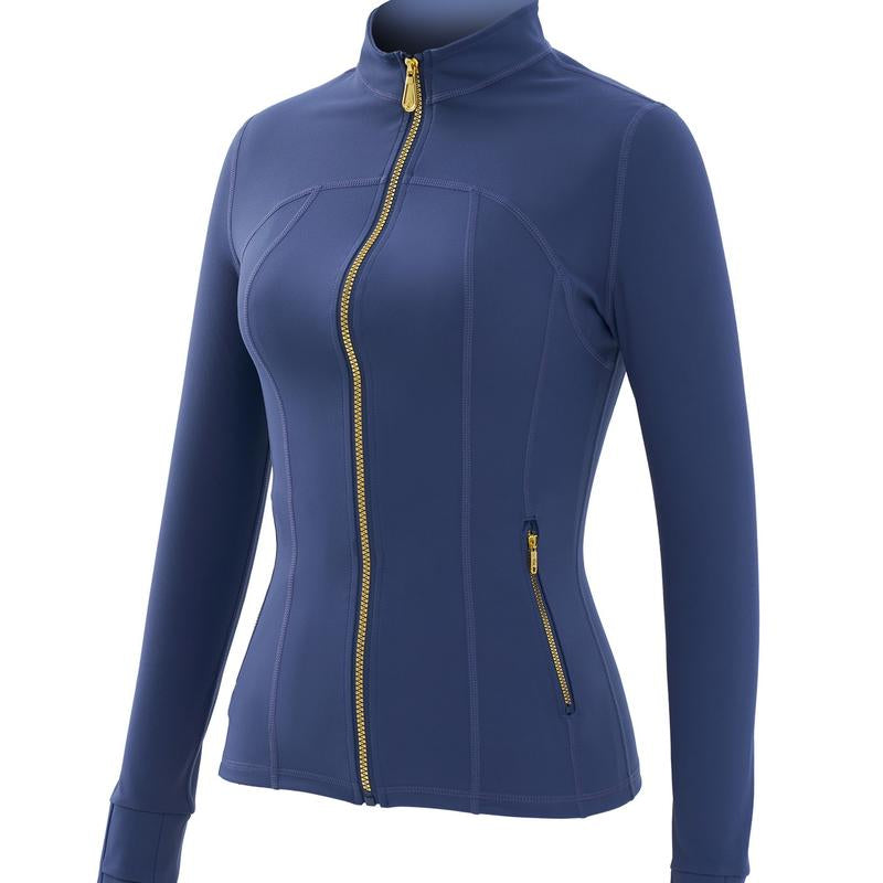 Elevate Your Style: Golden Zipper Gardenia Fragrance Sporty Jacket & Leggings Set with Pockets and Thumbholes
