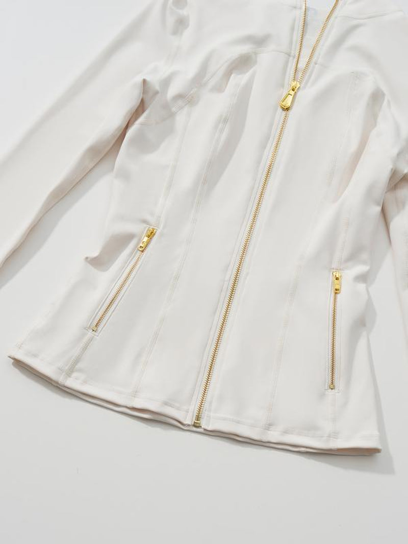 Elevate Your Style: Golden Zipper Gardenia Fragrance Sporty Jacket & Leggings Set with Pockets and Thumbholes