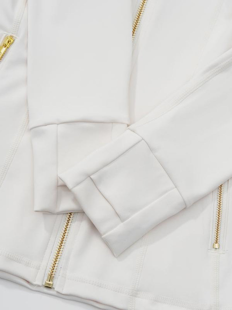Elevate Your Style: Golden Zipper Gardenia Fragrance Sporty Jacket & Leggings Set with Pockets and Thumbholes
