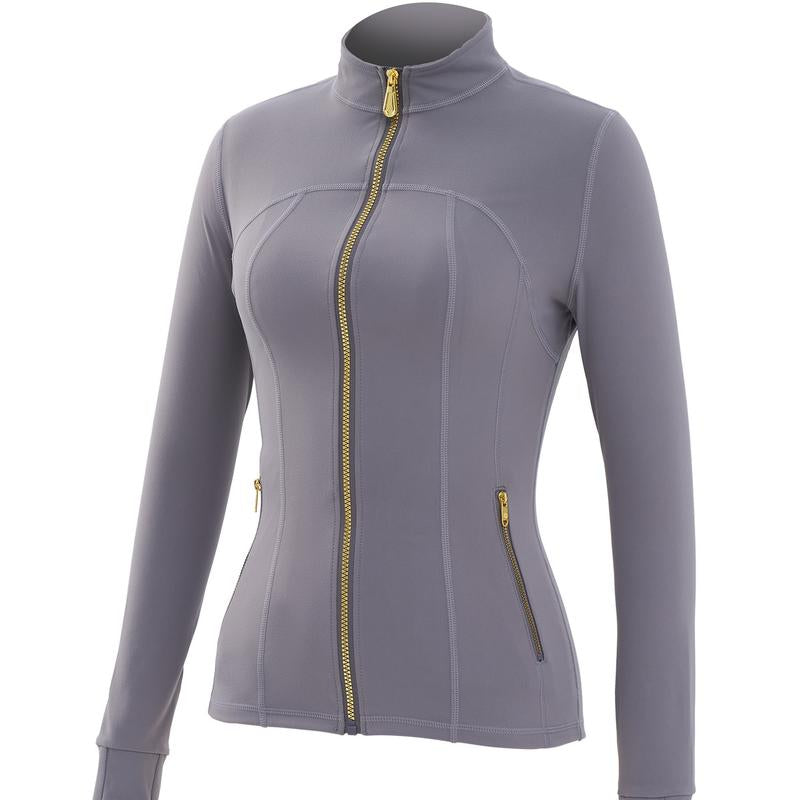 Elevate Your Style: Golden Zipper Gardenia Fragrance Sporty Jacket & Leggings Set with Pockets and Thumbholes