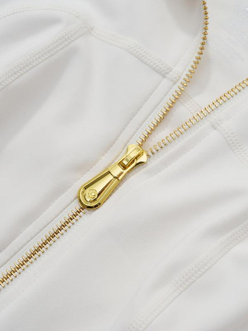 Elevate Your Style: Golden Zipper Gardenia Fragrance Sporty Jacket & Leggings Set with Pockets and Thumbholes