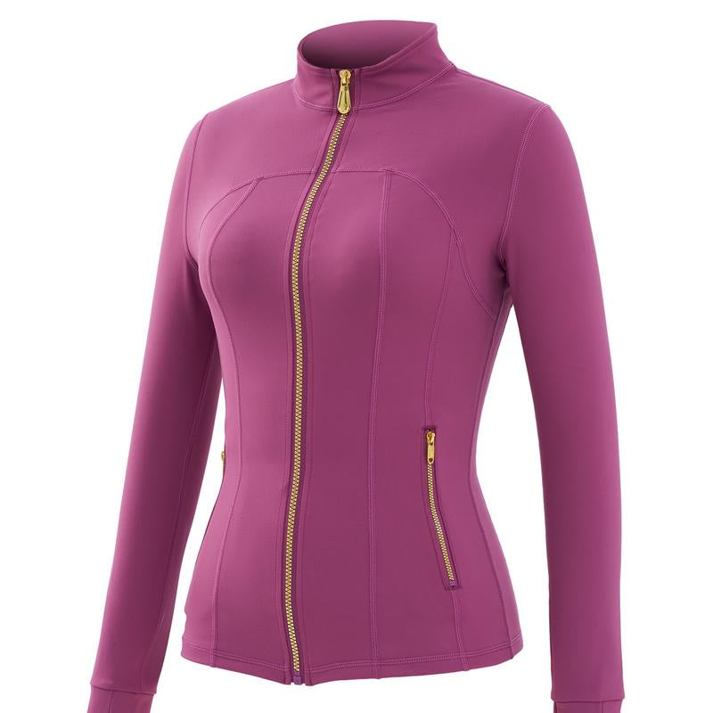 Elevate Your Style: Golden Zipper Gardenia Fragrance Sporty Jacket & Leggings Set with Pockets and Thumbholes