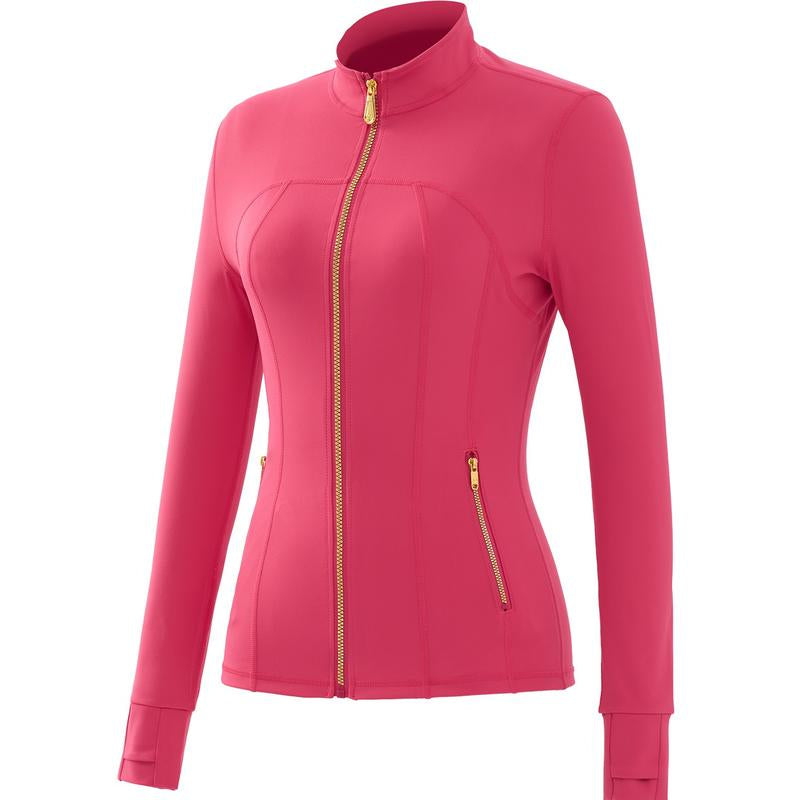 Elevate Your Style: Golden Zipper Gardenia Fragrance Sporty Jacket & Leggings Set with Pockets and Thumbholes