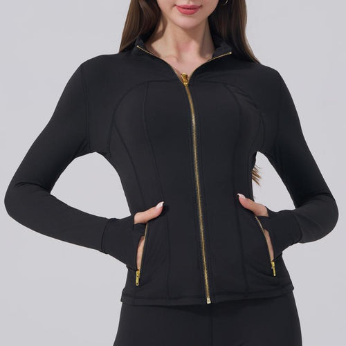 Elevate Your Style: Golden Zipper Gardenia Fragrance Sporty Jacket & Leggings Set with Pockets and Thumbholes