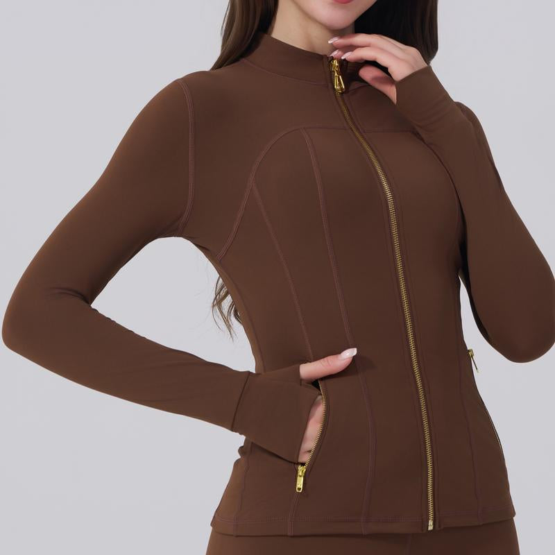 Elevate Your Style: Golden Zipper Gardenia Fragrance Sporty Jacket & Leggings Set with Pockets and Thumbholes