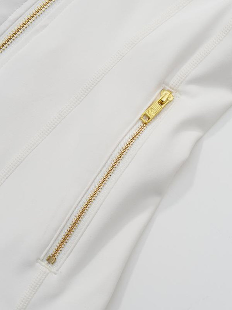 Elevate Your Style: Golden Zipper Gardenia Fragrance Sporty Jacket & Leggings Set with Pockets and Thumbholes