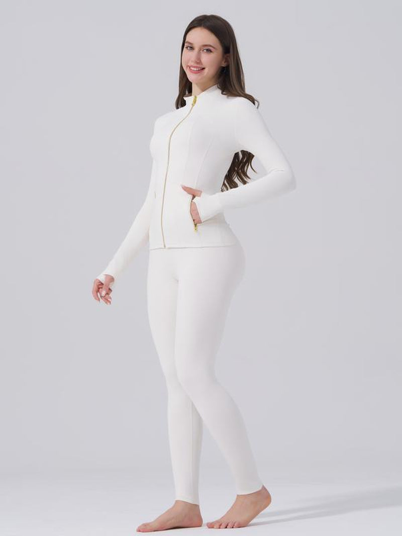 Elevate Your Style: Golden Zipper Gardenia Fragrance Sporty Jacket & Leggings Set with Pockets and Thumbholes